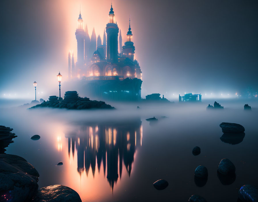 Mystical castle at night with fog, reflection on water, rocks, and lanterns