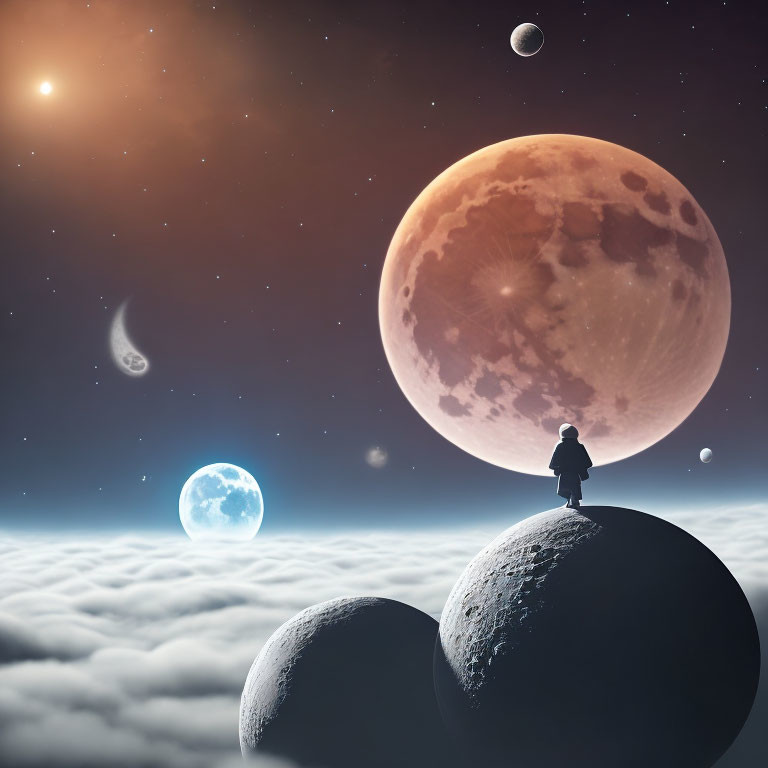 Solitary figure on celestial rock gazes at cosmic moons and planet