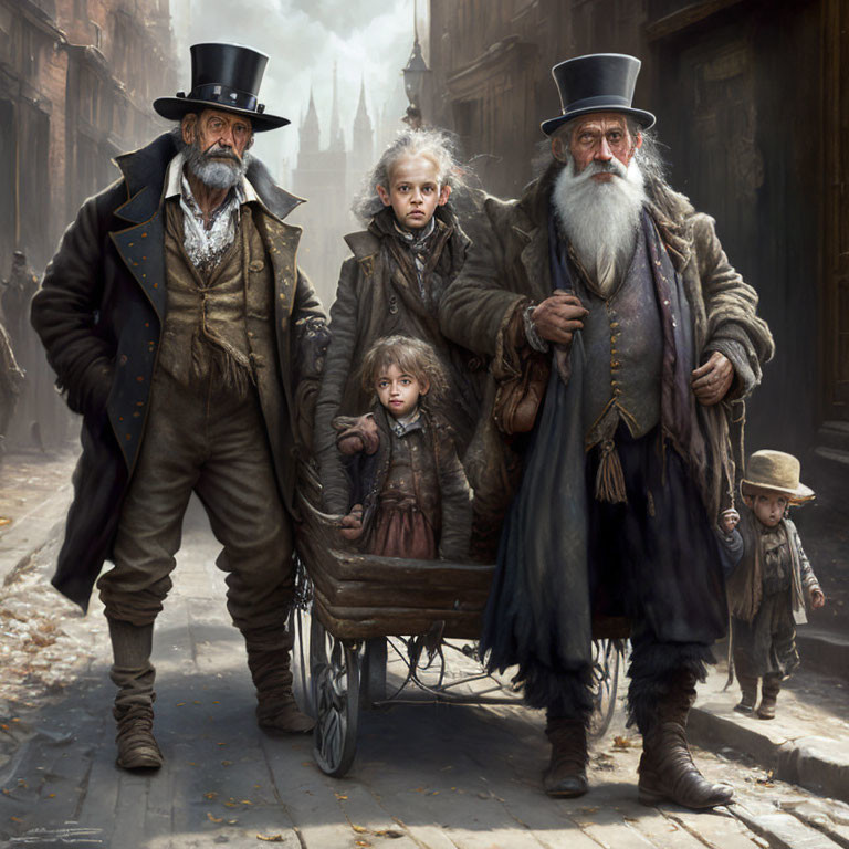 Victorian-themed group with bearded men in top hats and children with handcart in cobblestone