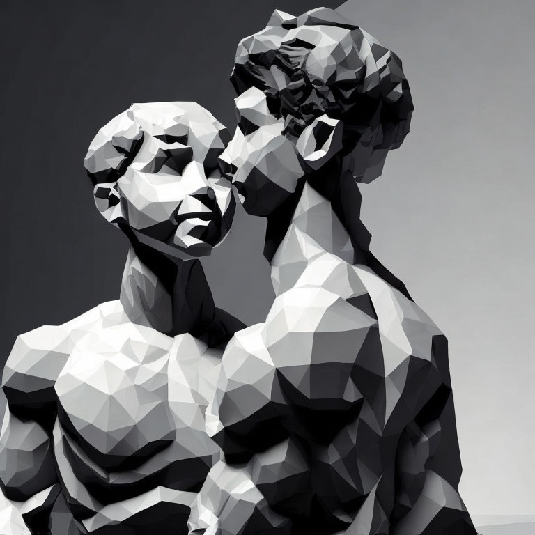 Monochrome digital artwork of two polygonal human figures in a close, face-to-face pose.