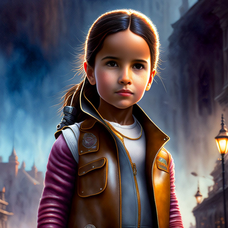 Young girl in leather jacket confidently standing against city street backdrop