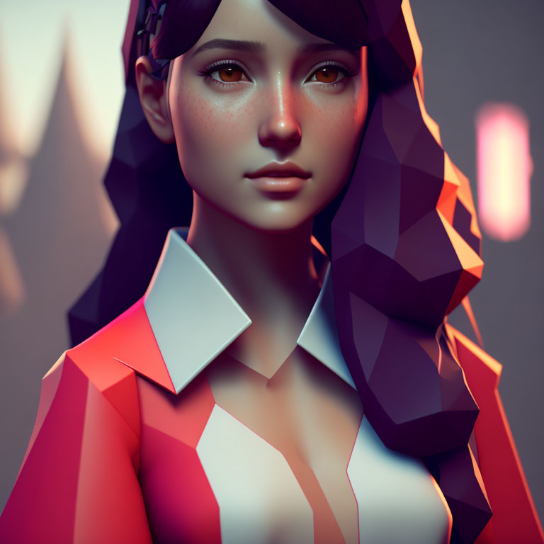 Digital artwork featuring female with polygonal hair, golden eyes, and white collar against soft-lit backdrop