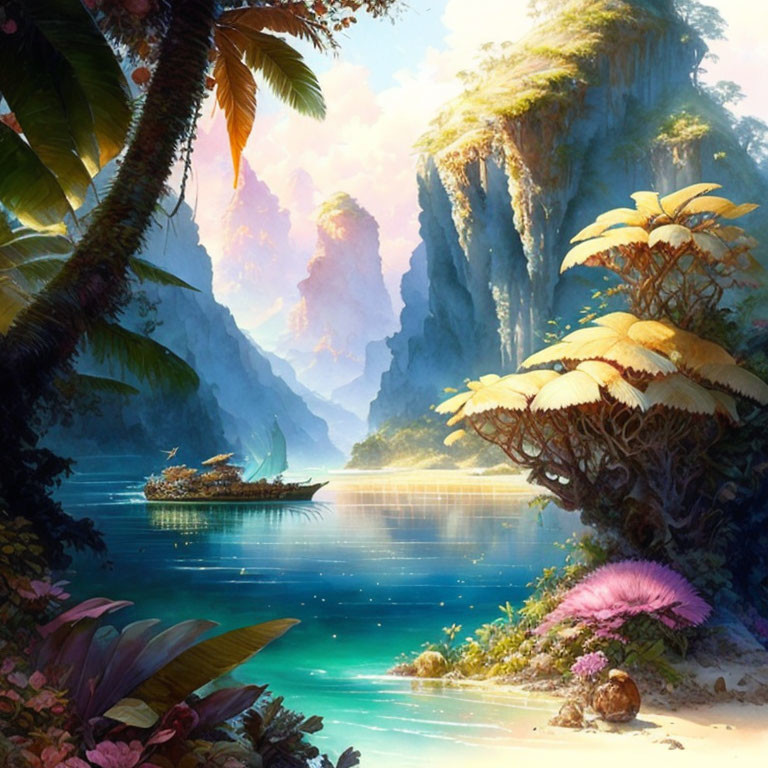 Fantasy landscape with vibrant flora, tranquil river, cliffs, and boat at sunrise or sunset