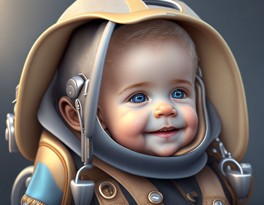 Smiling baby in astronaut helmet on grey background