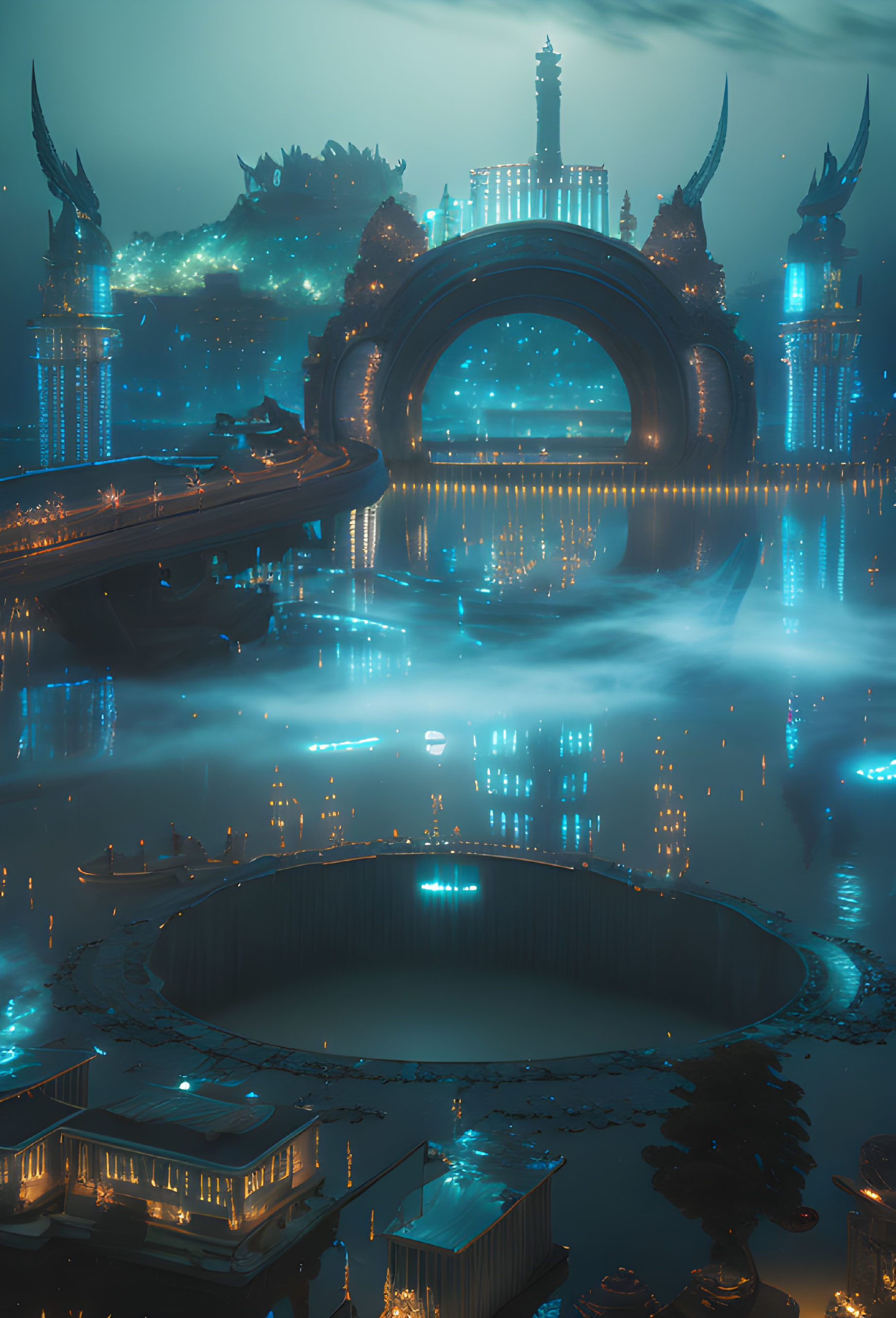 Nighttime futuristic cityscape with illuminated buildings, circular portal, and water reflections