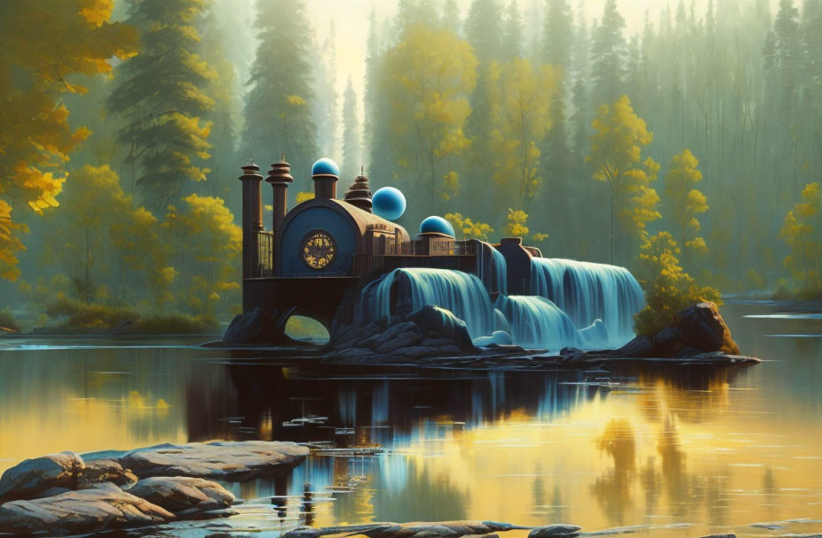 Vintage locomotive merges with waterfall in misty forest landscape