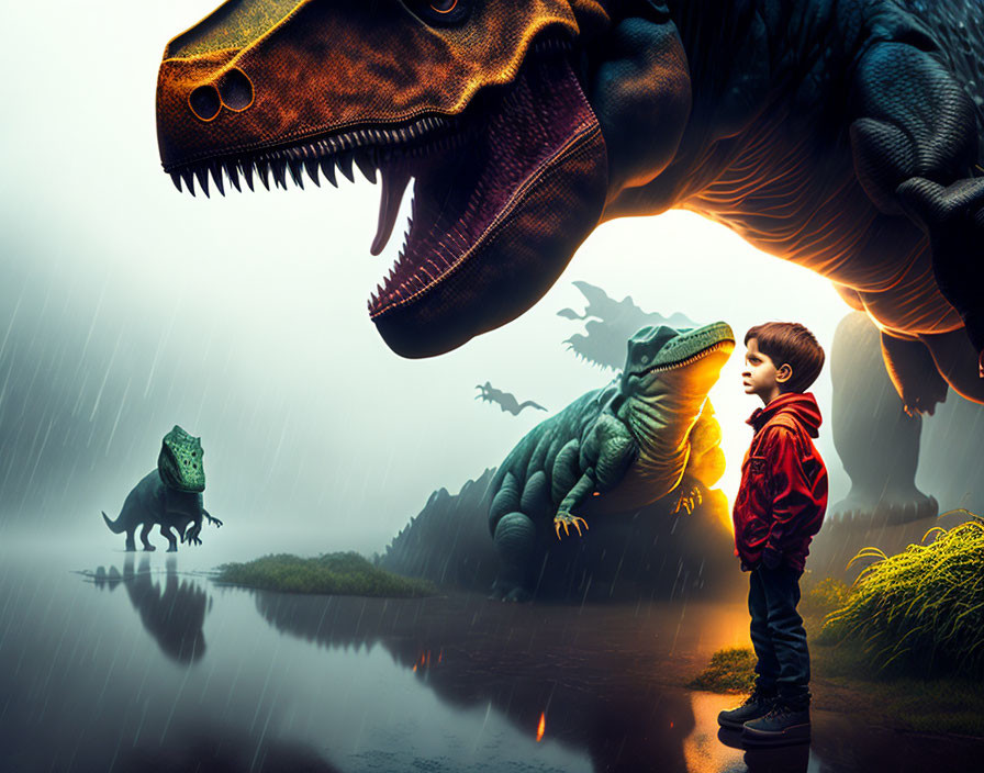 Child in red jacket facing giant dinosaur under rainy sky.