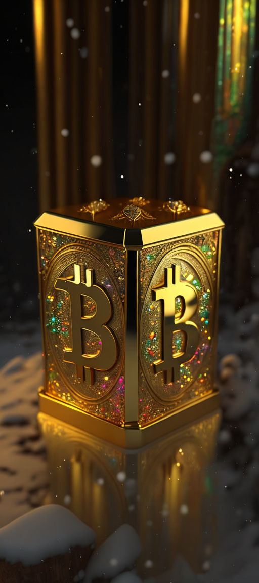 Golden Bitcoin Lantern Illuminated on Snowy Ground