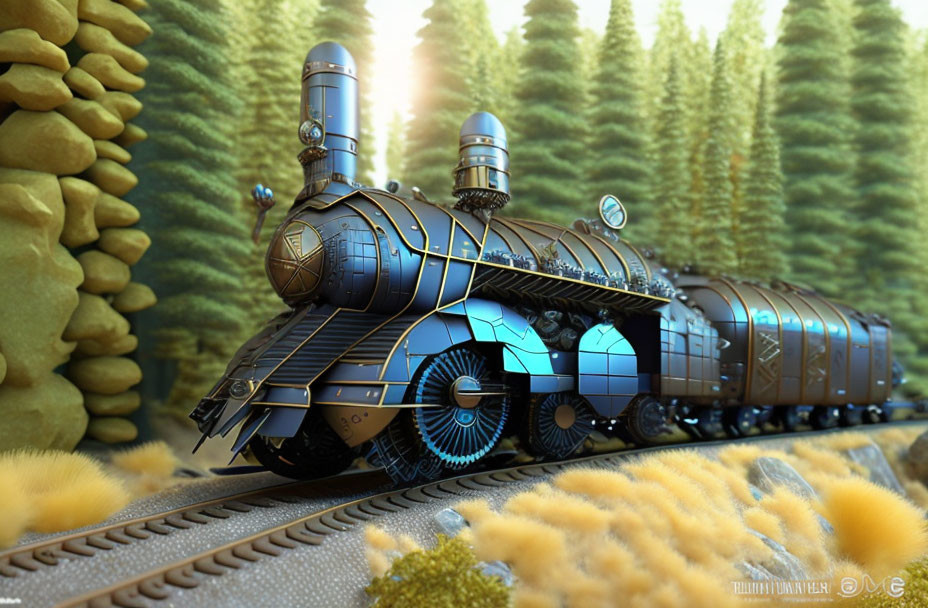 Fantastical blue steampunk train in forest setting on sunlit day