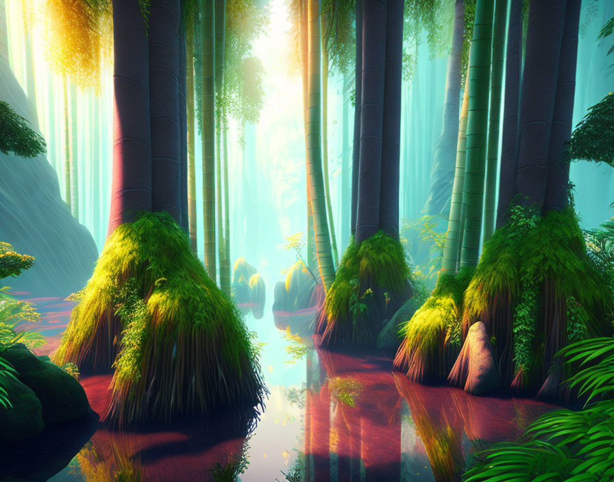 Tranquil forest scene with tall trees, sun rays, and serene water body.