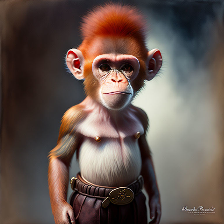 Digital artwork: Creature with monkey-like face and human-like body, wearing belt with circular buckle on sm