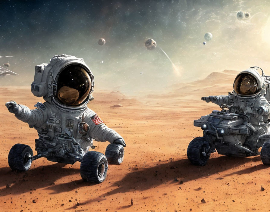 Astronauts in spacesuits float above Mars-like surface with rover and distant planets in reddish