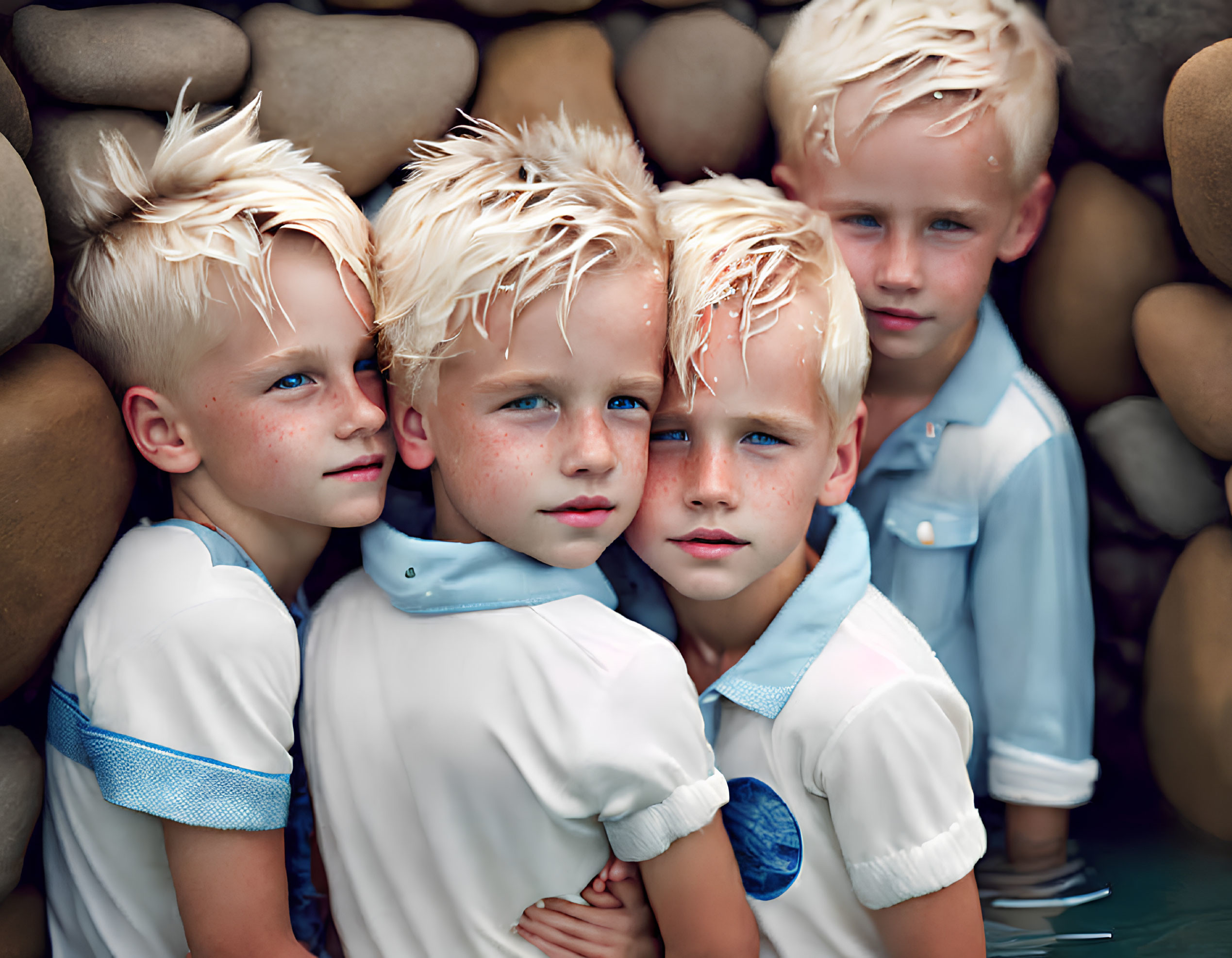 Four young blonde boys in white and blue shirts with wet hair against smooth rocks.