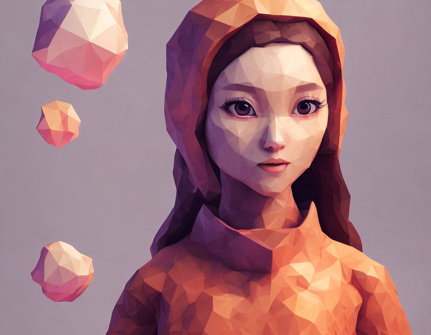 Low Poly Digital Artwork: Woman in Hood with Geometric Shapes & Pastel Colors