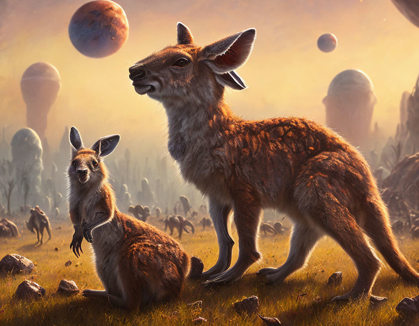 Fantastical landscape with kangaroos under large planets at sunset