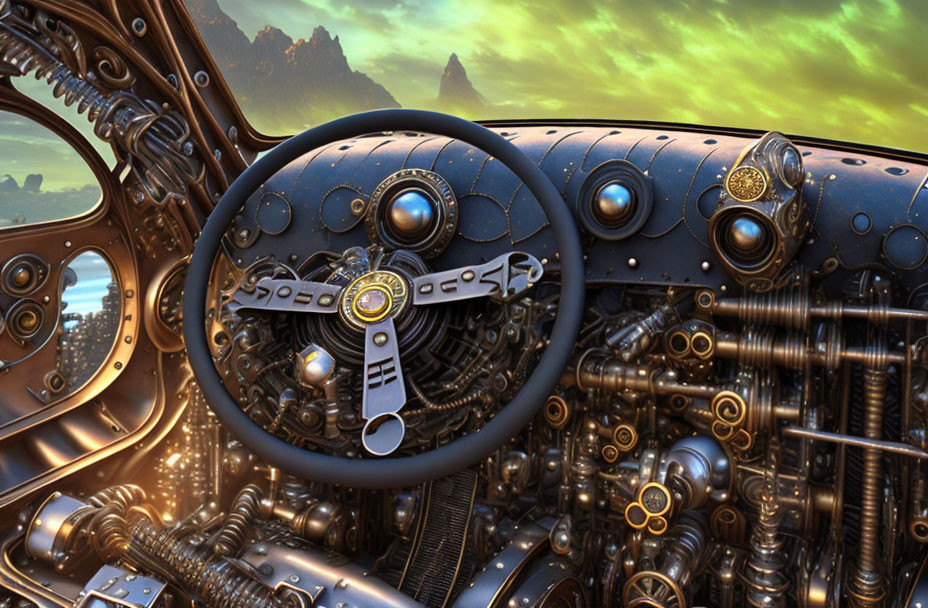 Steampunk-themed cockpit with brass gears, dials, levers, and steering wheel against mountain