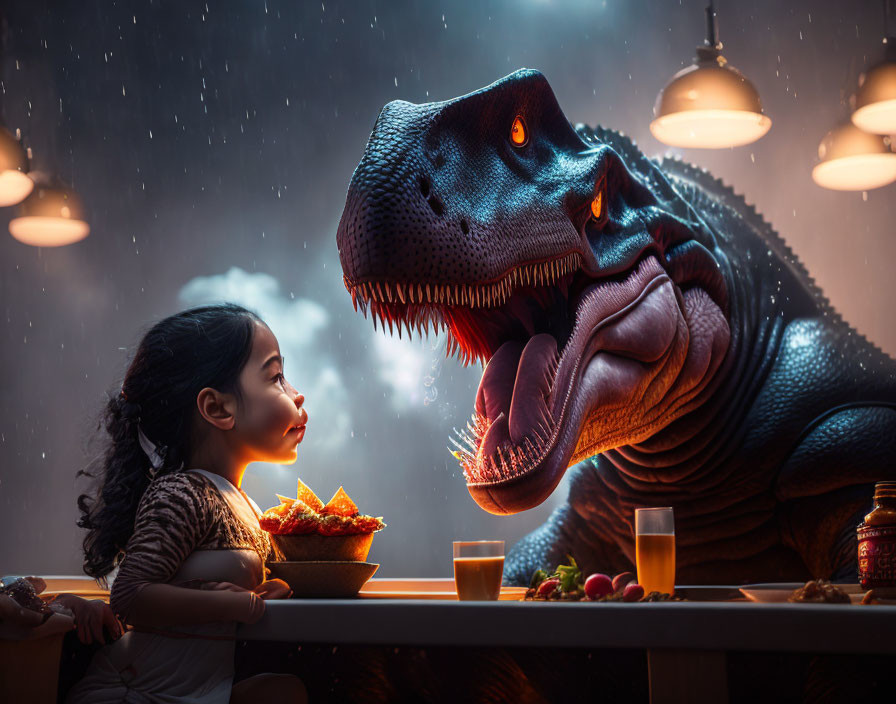 Girl dining with friendly T-Rex in rainy scene