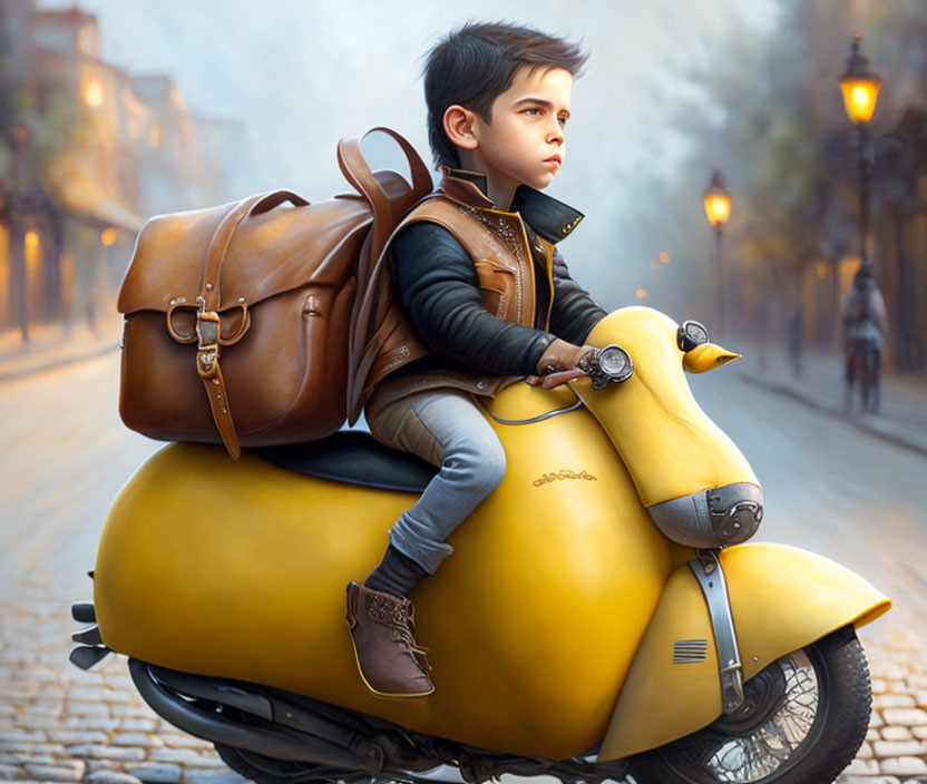 Illustration of young boy on yellow scooter with backpack in foggy street