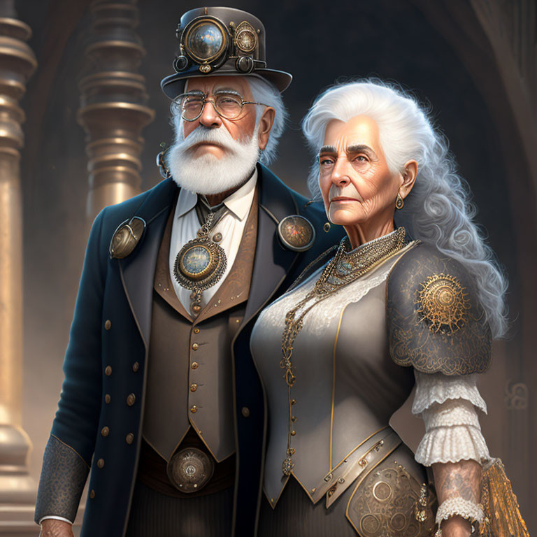 Elderly Steampunk Couple in Ornate Attire Against Architectural Backdrop