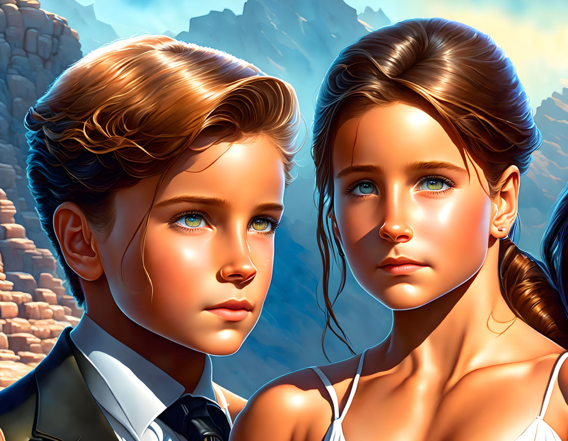 Detailed digital artwork of a boy and girl with blue eyes on rocky terrain and blue sky