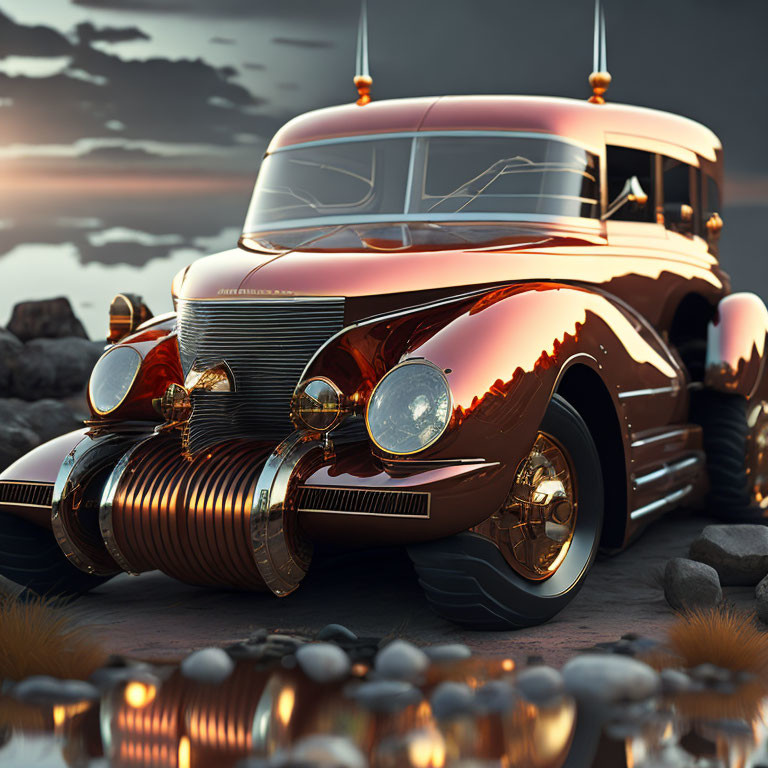 Vintage Car with Copper and Chrome Finishes on Rocky Terrain at Sunset