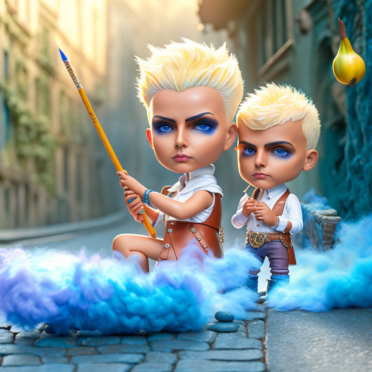 Stylized animated characters with exaggerated features in whimsical street setting