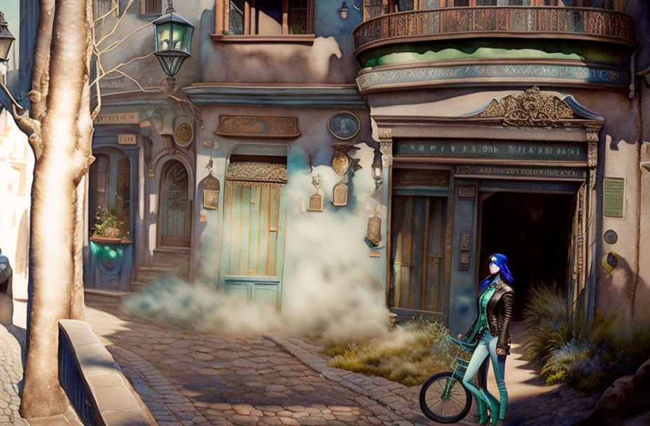 Futuristic person with bike in charming alley of old-fashioned architecture