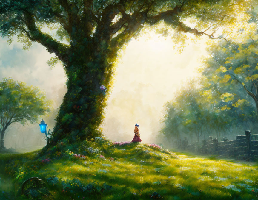 Tranquil landscape with figure under tree in golden sunlight