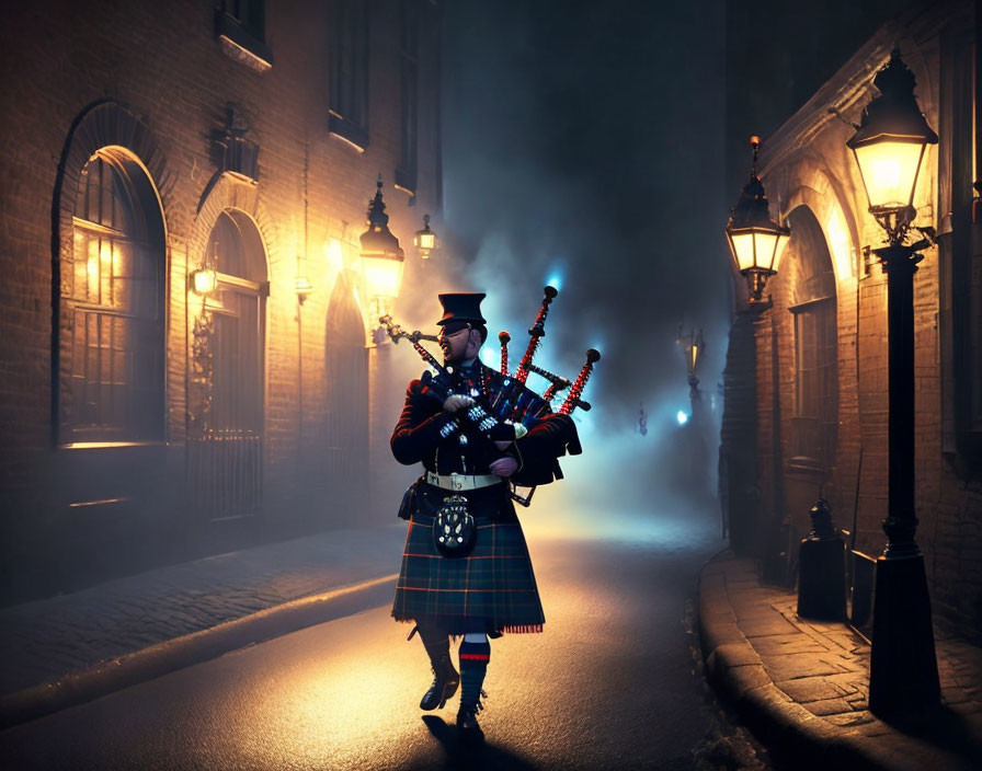 Traditional Scottish bagpiper in foggy cobblestone street with old buildings & gas lamps