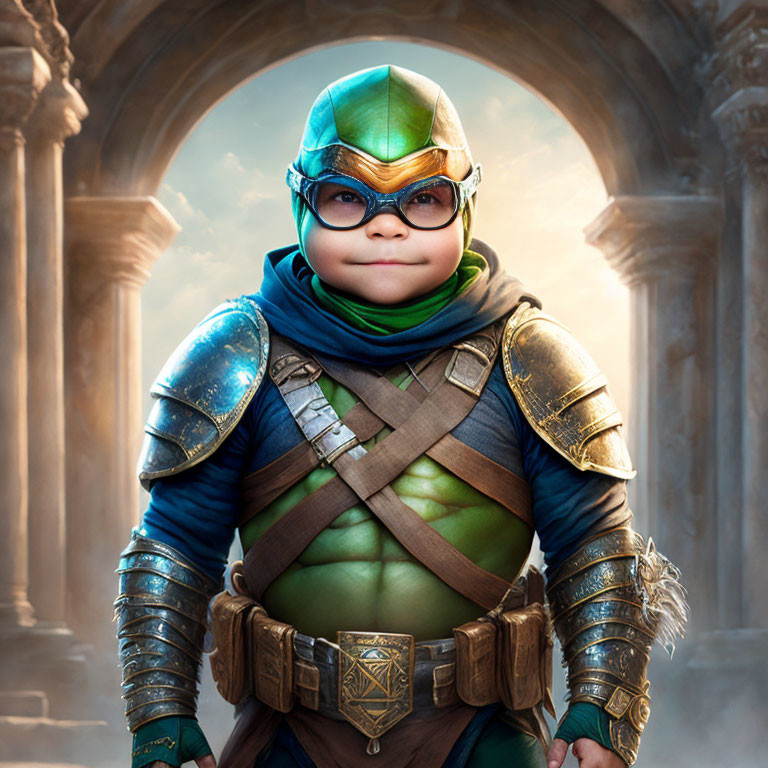 Child in Ninja Turtle Costume with Green Mask and Armor Smiling Against Arched Backdrop