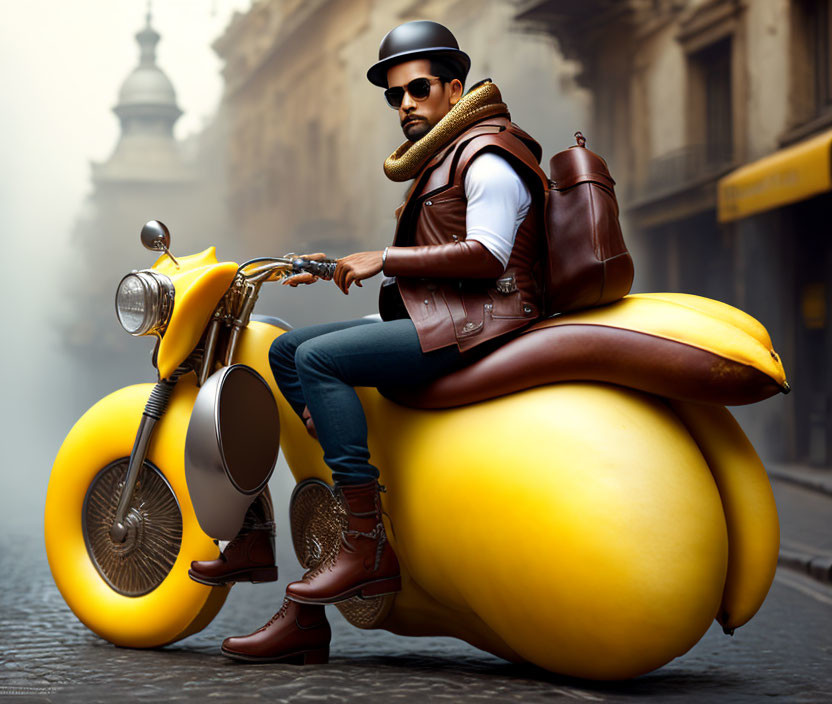 Person in leather jacket and sunglasses on banana-shaped motorcycle in foggy city.