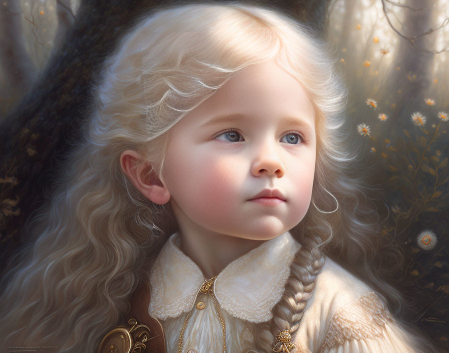 Young child portrait with curly blonde hair, fair skin, blue eyes, vintage cream attire, and floral