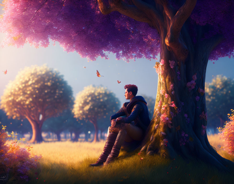 Person sitting under vibrant purple tree in serene meadow with butterflies and trees.