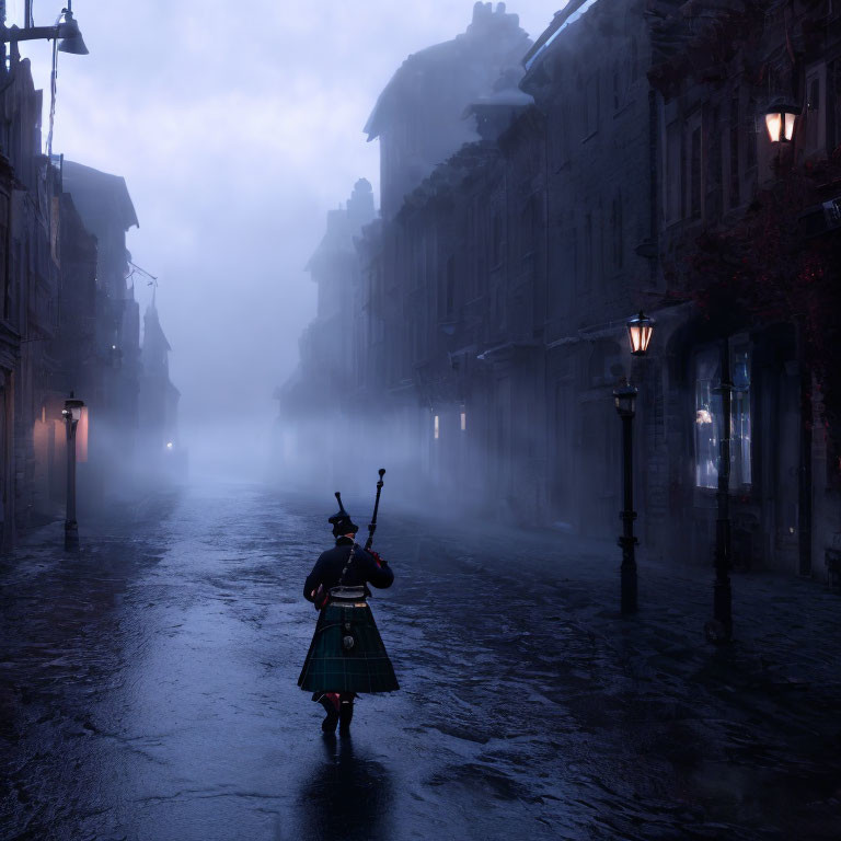 Traditional bagpiper in attire on misty cobblestone street at twilight