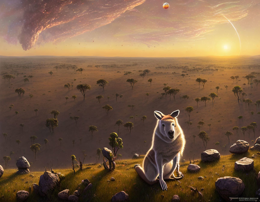 Surreal savanna landscape with kangaroo and cosmic sky