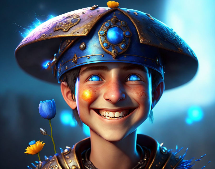 Fair-skinned boy in blue helmet with gold accents against glowing lights