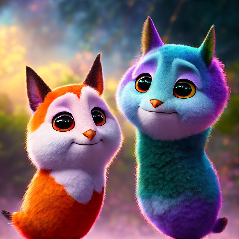 Two animated cats with large, expressive eyes in orange and white, and blue and grey, on a