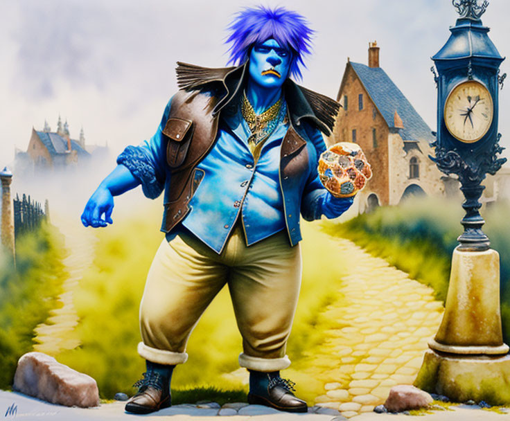 Vibrant illustration of character with blue skin and spiked hair holding a cookie on cobblestone path