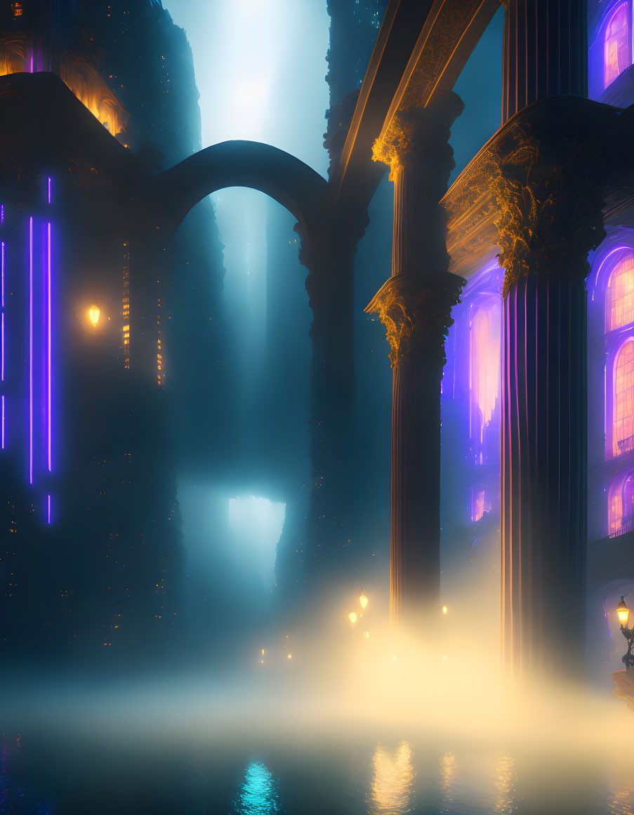 Mystical foggy scene with illuminated classical columns, arches, and neon lights reflecting on water