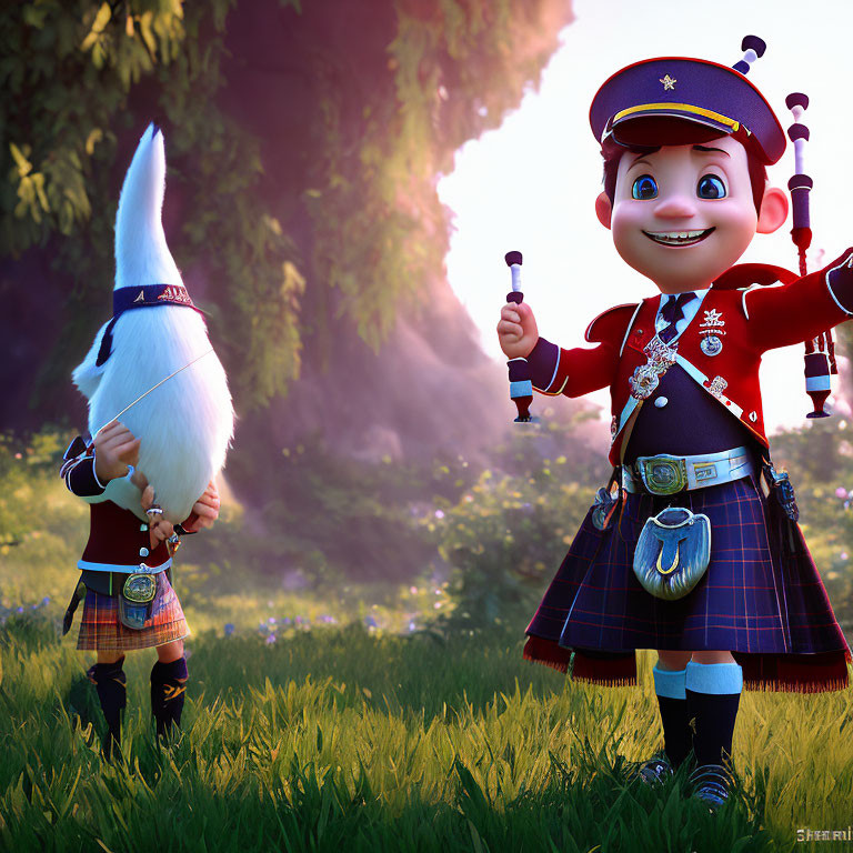 Scottish attire animated characters: gnome and bagpiper in lush green clearing