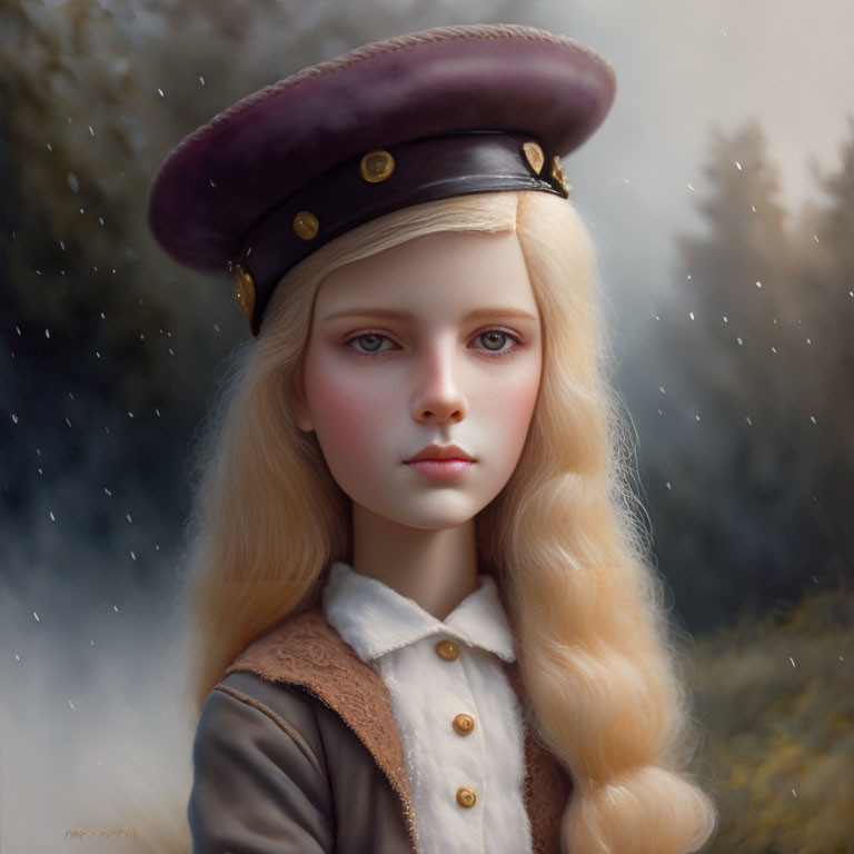 Digital Artwork: Young Girl in Vintage Military Beret with Blonde Hair