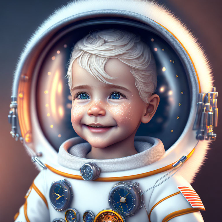 Young child in astronaut suit smiles under starry sky