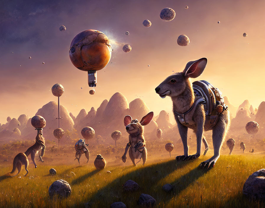 Surreal landscape: anthropomorphic kangaroos with backpacks in floating rocky spheres at sunset