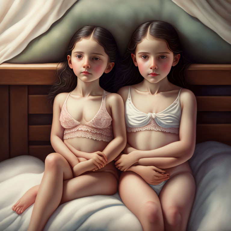 Identical twin girls in pastel lingerie on bed with wood paneling