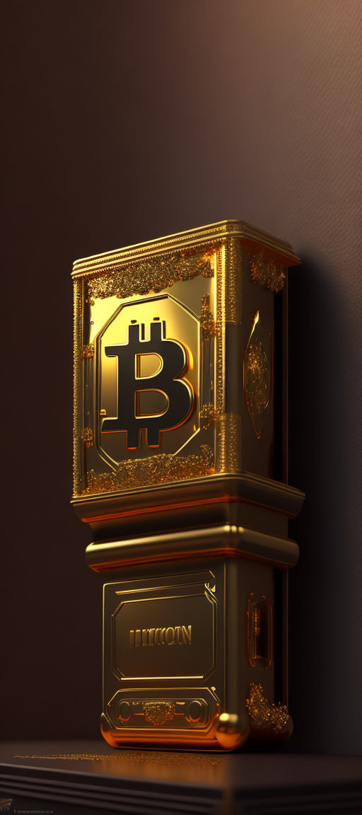 Intricate Golden Bitcoin Circuit Breaker on Brown Background