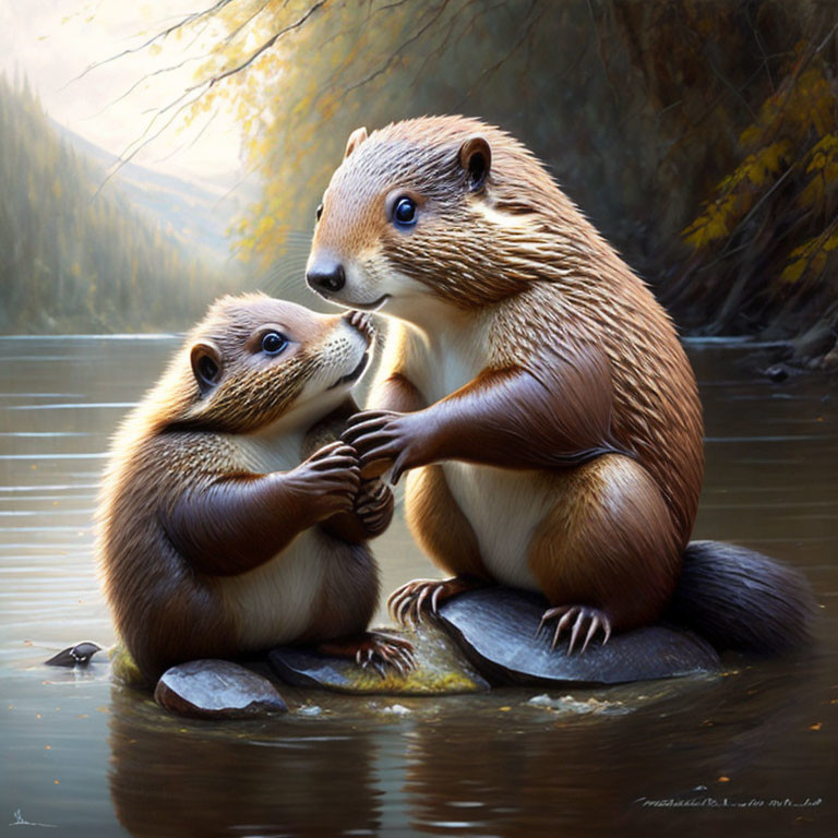 Realistic otters on rock in serene river with forest background