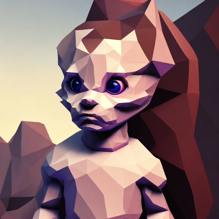 Stylized polygonal digital artwork of child with purple eyes