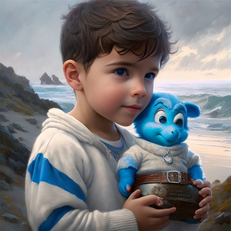 Young child with blue creature on beach, evoking wonder and companionship