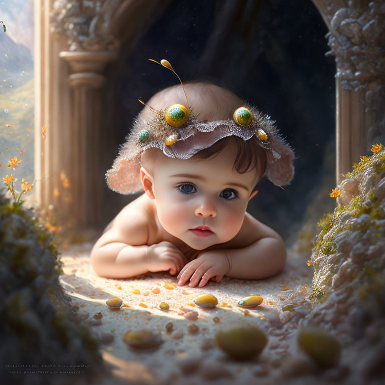 Curious baby with headband in fantasy setting with golden hues