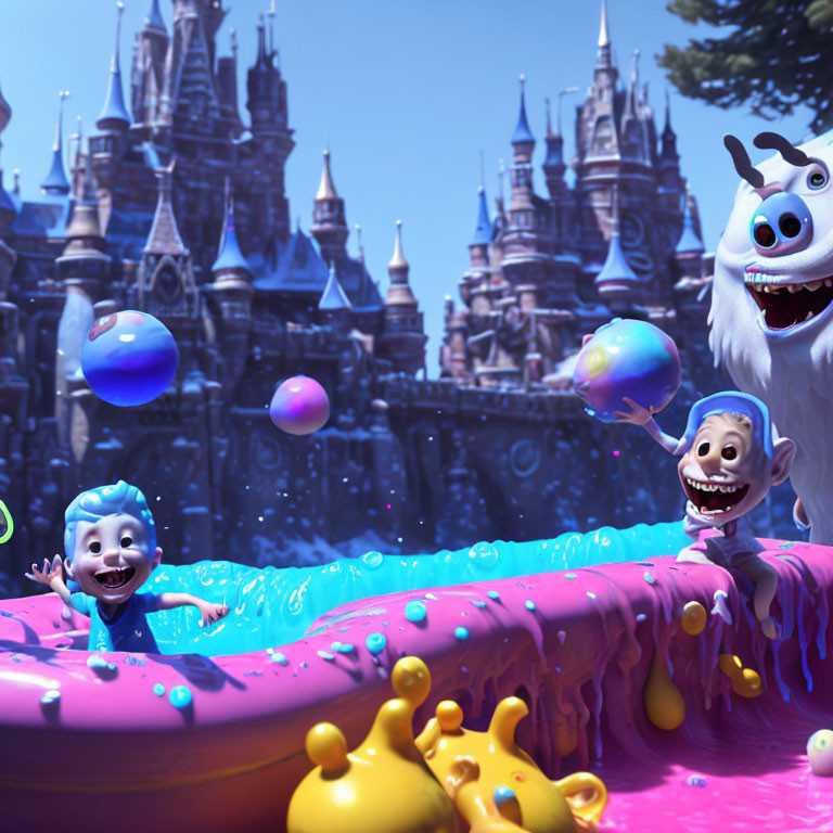 Whimsical world with animated characters and liquid splash fun